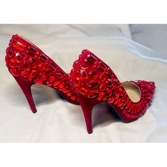 Liliana Ruby Red Jeweled Heels | Faux Suede Pointed Stiletto Dorothy Christmas - Picture 4 of 7